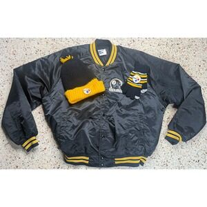 Chalk Line Vtg NFL Pittsburg Steelers LIned Satin Jacket + Hat & Gloves‎ Size L